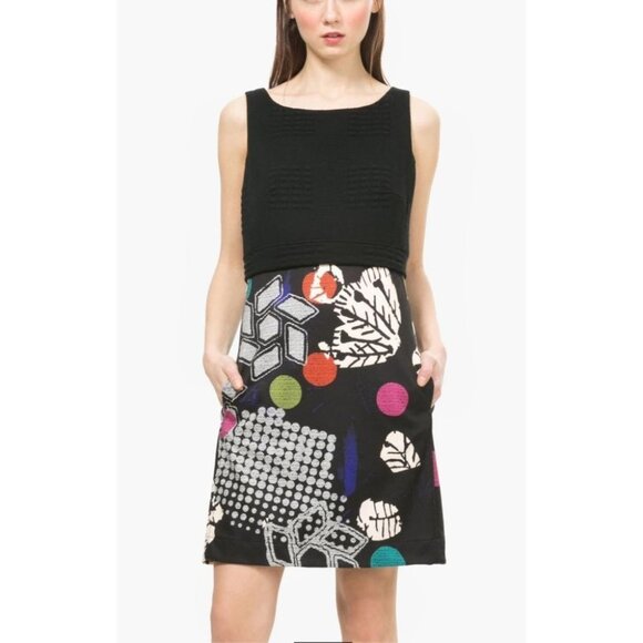 Desigual by C. Lacroix “Sheila” Black Multicolor Sleeveless Sheath Midi Dress ~M - Picture 1 of 16